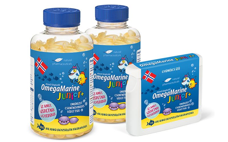 Natural Pharmaceuticals OmegaMarine Két nagy csomag OmegaMarine Junior és egy kicsi.